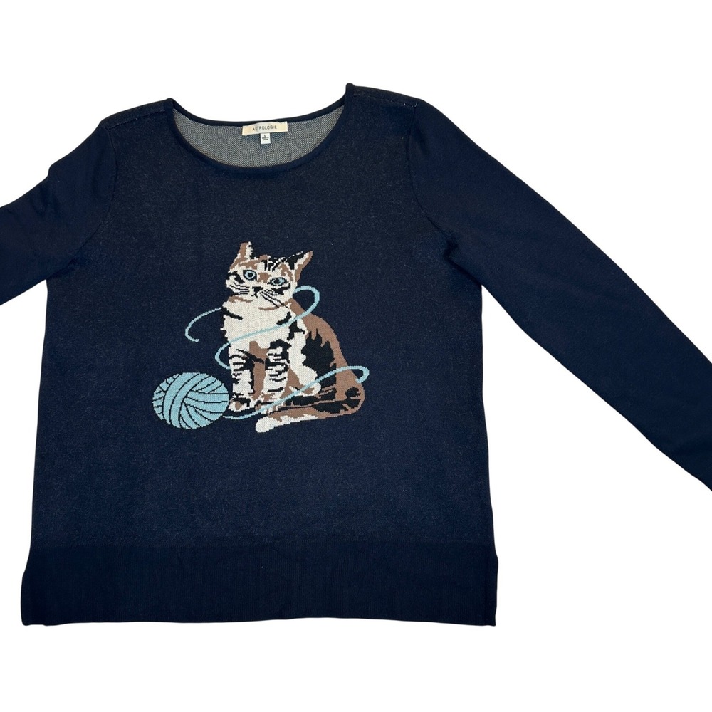 Astrologie Navy Blue Cat Yarn Ball Intarsia Knit Sweater Womens Large L